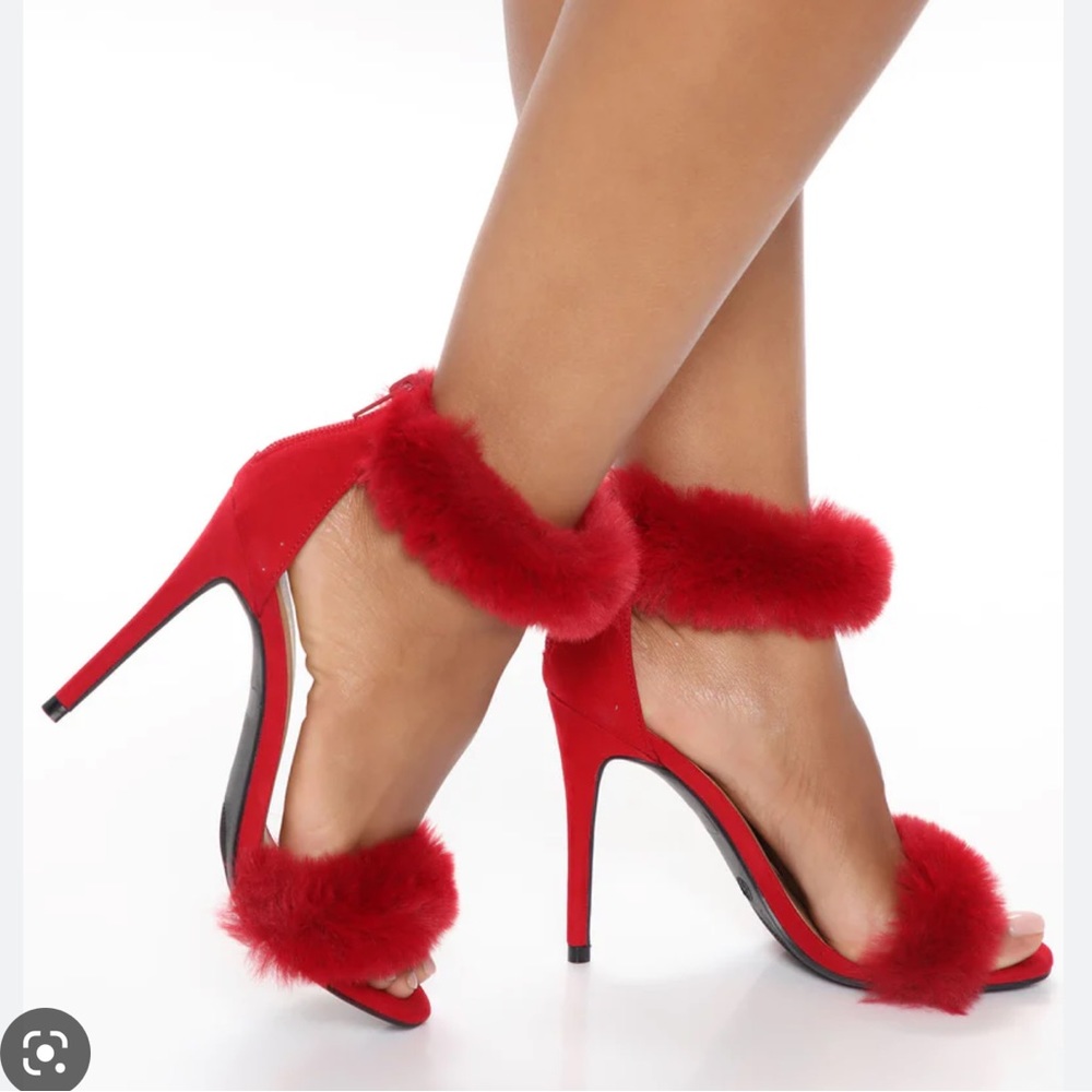 Red suede furry heels
